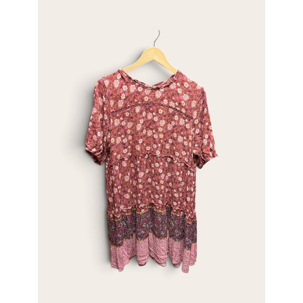 Knox Rose Floral Tiered Mini Dress XXL Rust Pink Boho Short Sleeve Ladder Lace